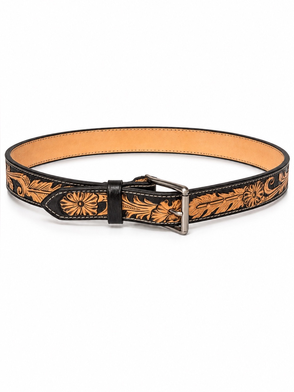 Tooled Leather Floral Belt - Black Tan handmade